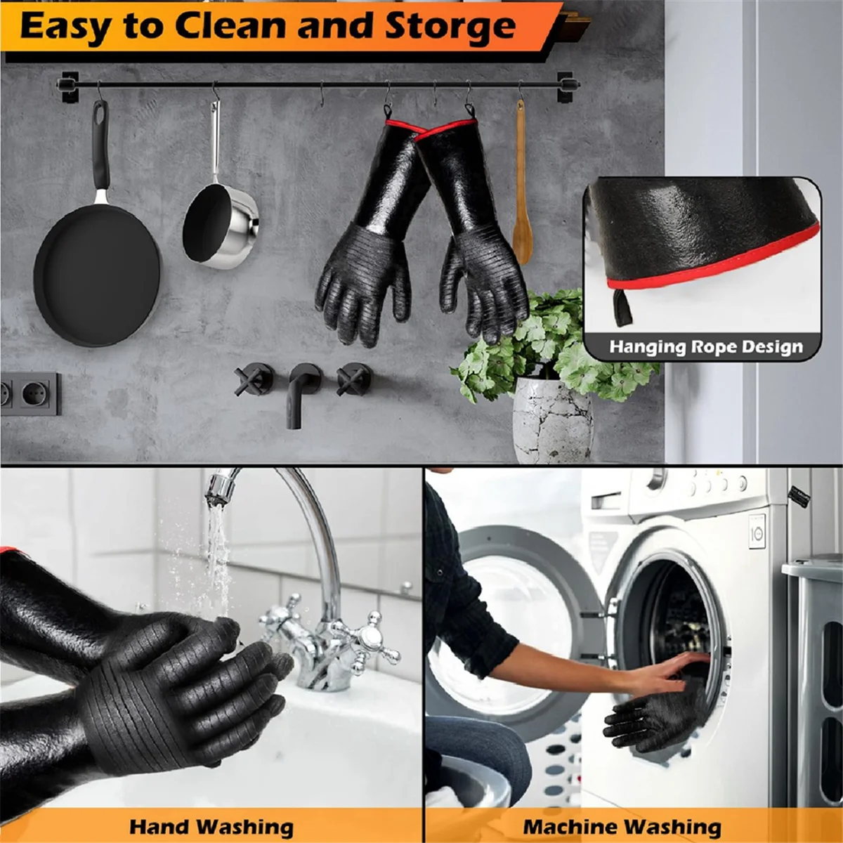 Guantes para barbacoa - 1472 ° Guantes térmicos gruesos F con gancho en S, manoplas para horno de cocina de 14 pulgadas, guantes impermeables para parrilla