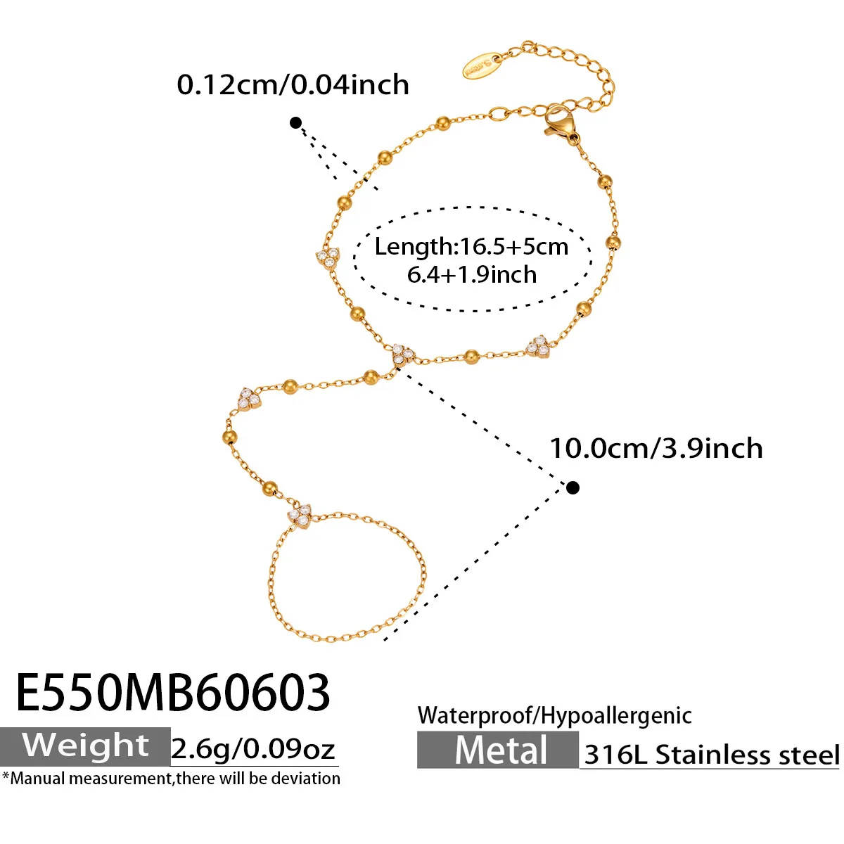 Zirkon-Perlen Handketten-Armband 316L Edelstahl-Armband 18K Vergoldet Verstellbares Armband Täglicher Schmuck für Frauen – Detail 3