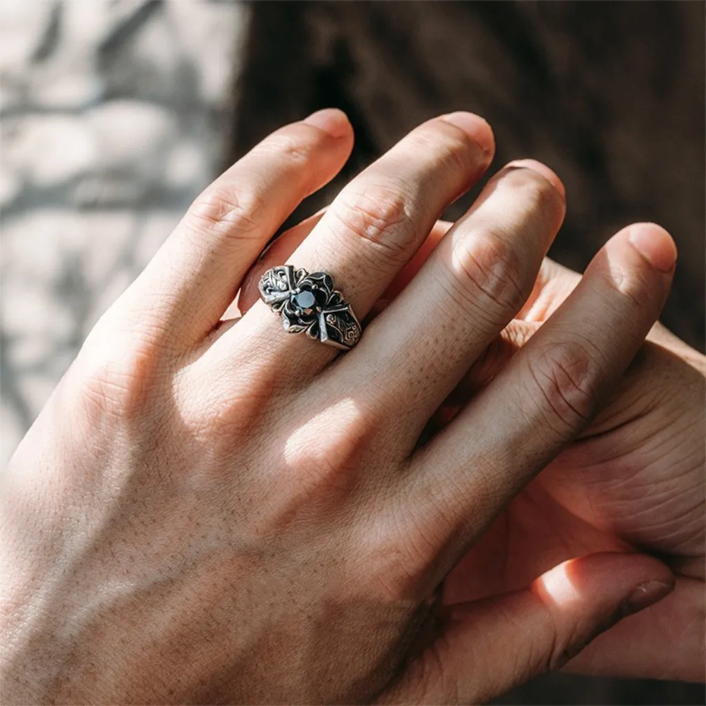 Vintage Faux-Onyx-Ringe für Herren, Edelstahl, verstellbarer offener Ring, silberfarben, modischer Punk-Schmuck, Geschenk – Detail 13