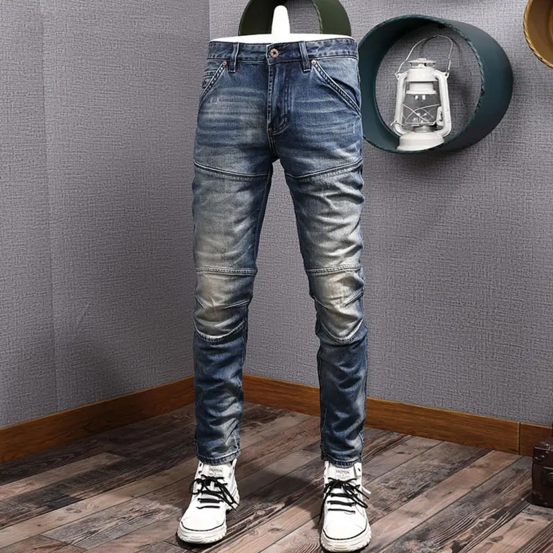 

High Street Fashion Men Jeans Retro Blue Stretch Slim Fit Spliced Designer Biker Jeans Homme Patched Hip Hop Denim Pants Hombre