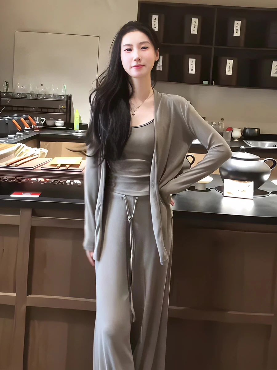 

Early Autumn New Arrival Women's Casual Long Sleeve Open Cardigan Sleeveless Vest High Waist Wide Leg Pants Three Piece Set