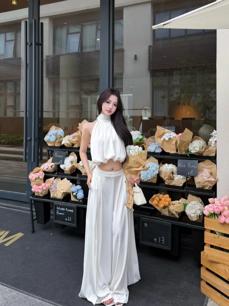 

White High Collar Short Sleeve Vest Women's Summer Pure Desire Set Floor Length Pants Wide Leg Long Pants Two Piece Set