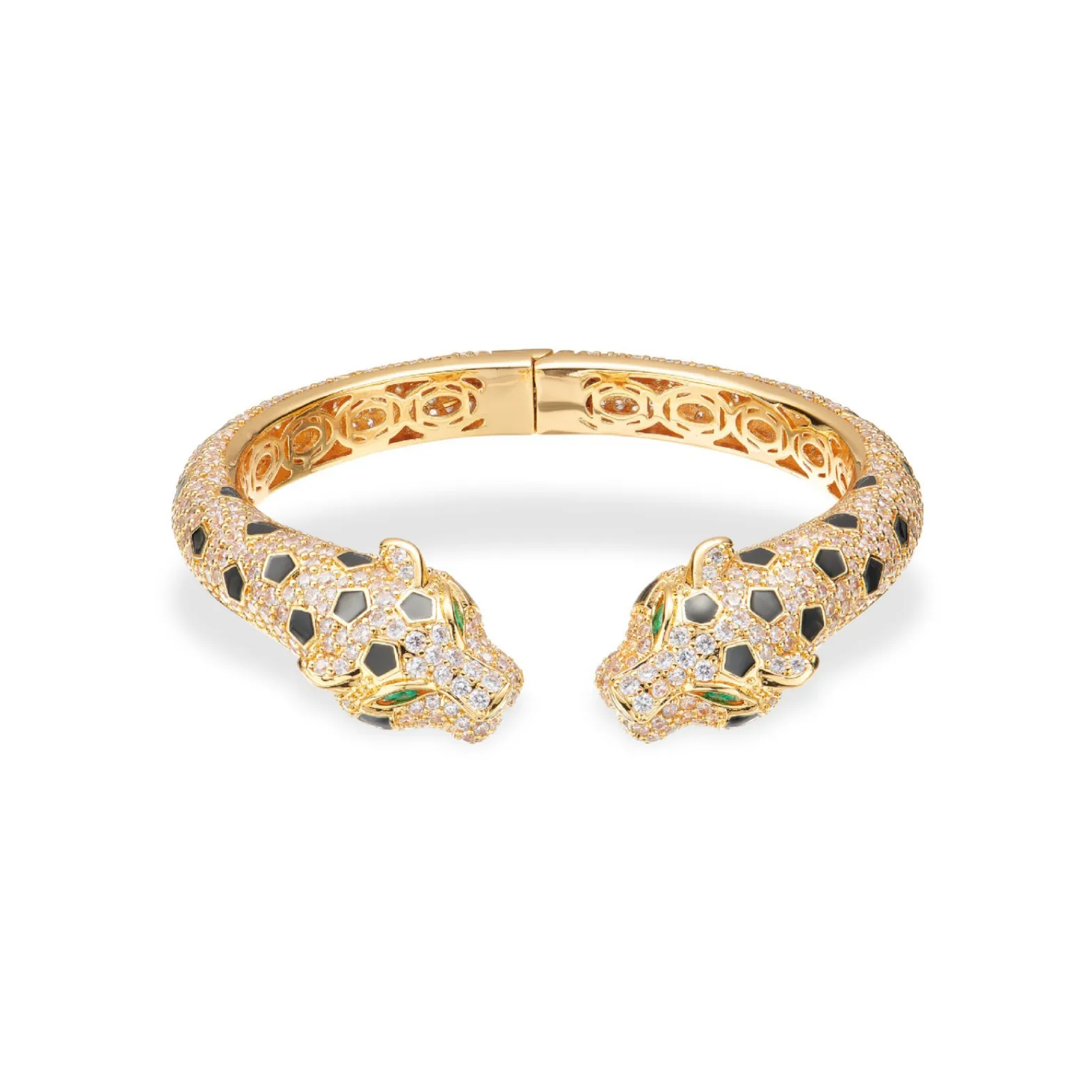 Light Luxury Double Head Leopard Bangle Gold Plated Open Cuff Inlaid Cubic Zirconia Drip Oil Black Flower Unique Textured Green