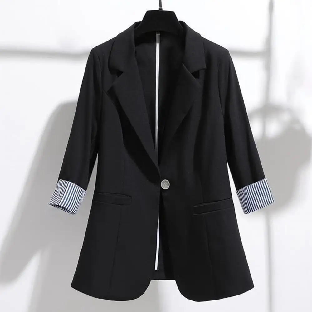 Striped Cuff Women Blazers Coat 3/4 Sleeve Lapel Button Slim Suits Female Casual Thin Office Lady Blazer Spring Summer Chic Tops