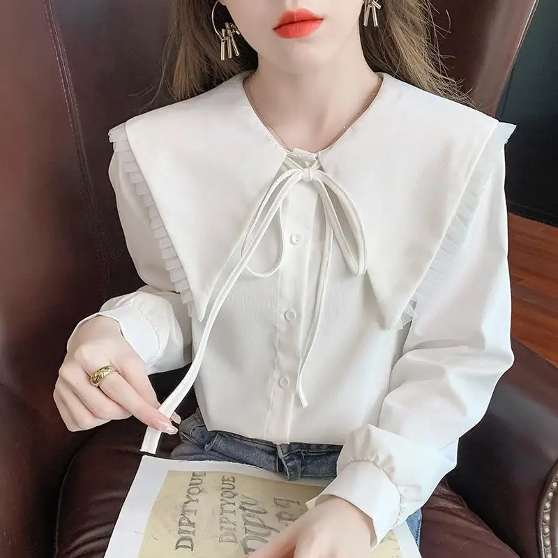 Spring And Autumn Doll Collar Simplicity Refreshing Long Sleeve Shirt Fashion Lacing Bow Single-breasted Sweet Cute Shirt Tops