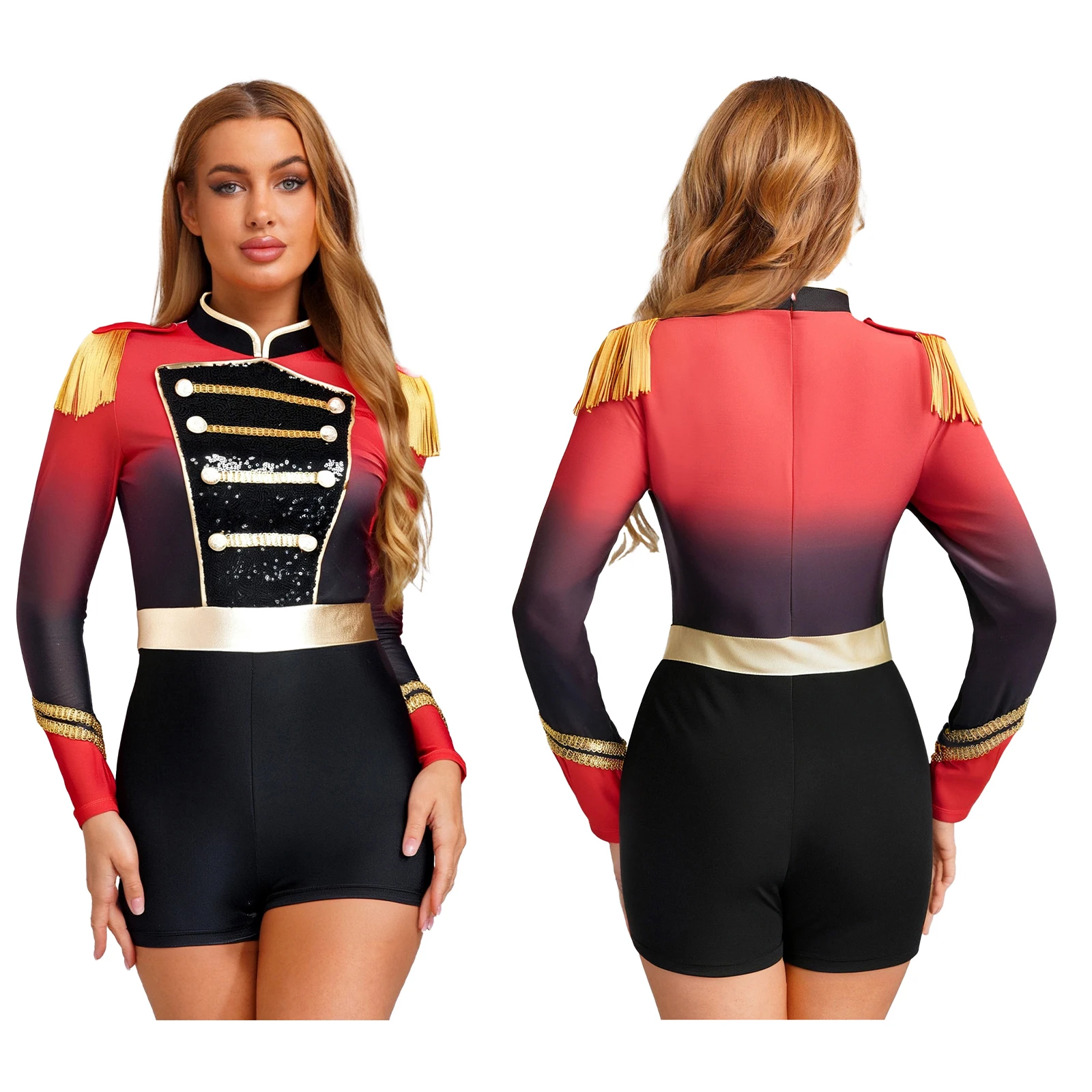 

Women Halloween Party Circus Ringmaster Honor Guard Cosplay Bodysuits Tassel Epaulet Jumpsuits for Magician Performing Uniforms