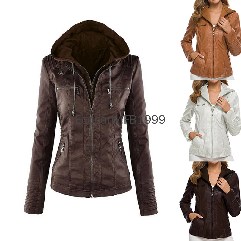 

2024 Autumn Winter Pu Leather Jacket For Women Black Casual Slim Detachable Hooded Motorcycle Jackets Female Windproof Coats