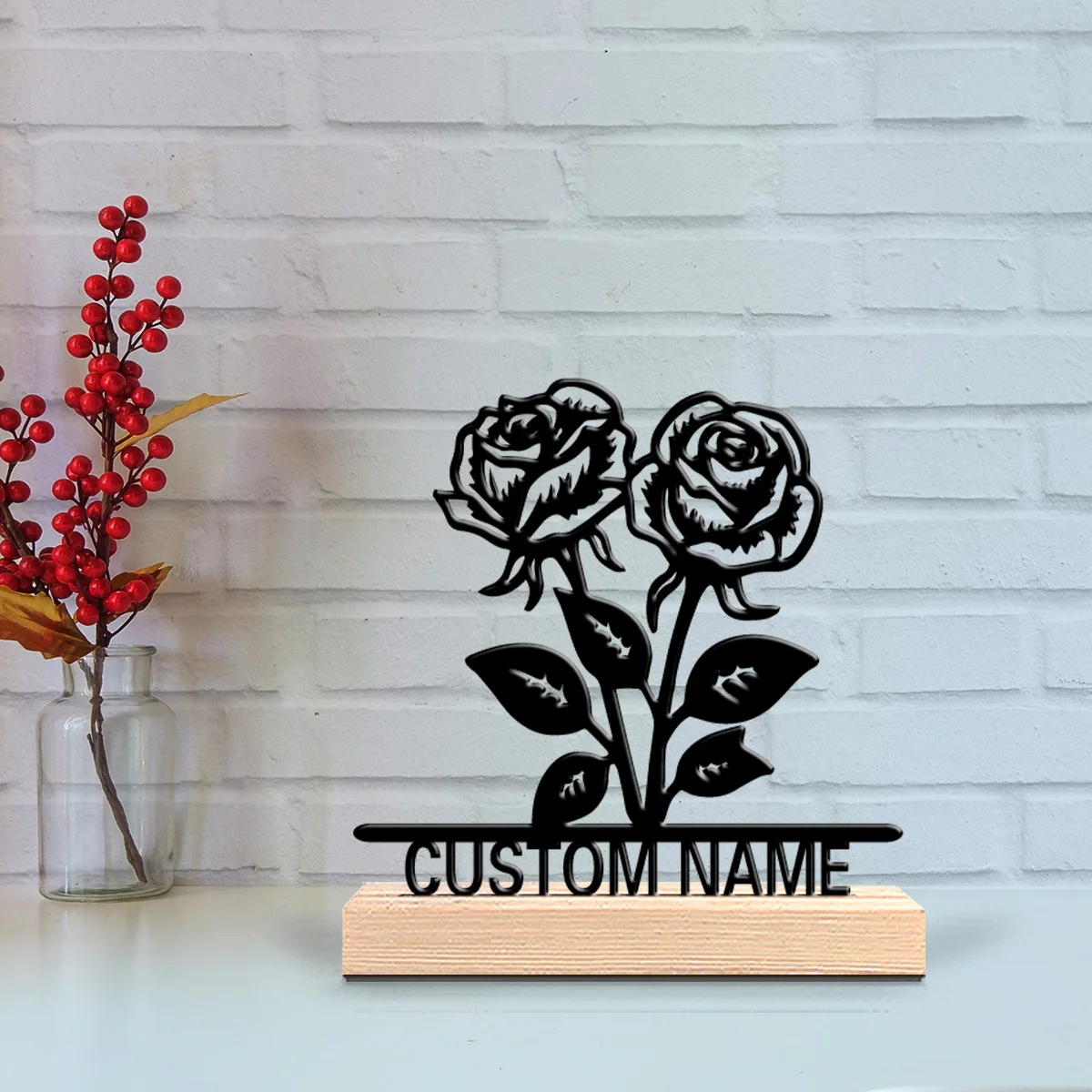 1pc Cute Personalized Custom rose Metal Statues Wooden Base Lighting for Office Workshop Modern Rustic Steampunk Themes