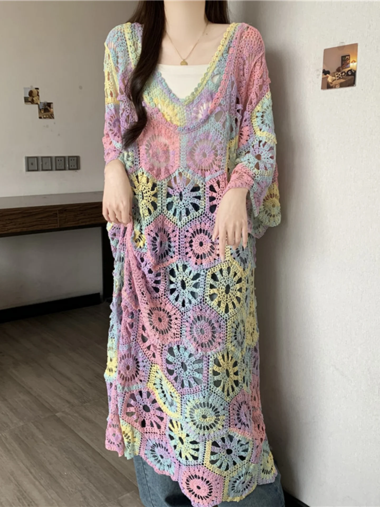 Dopamine Colored Hollow out V-Neck Knitted Dress Women's Layering Summer plus Size Flattering Long Dress A-Line Silhouette