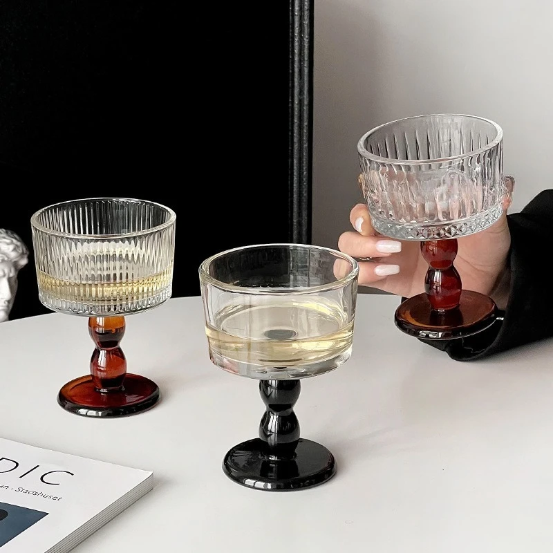 Aesthetic Vintage Glass Footed Cup Dessert/Ice Cream Bowl & Wine Glass Combo, Clear Sturdy Stemware for Daily Use