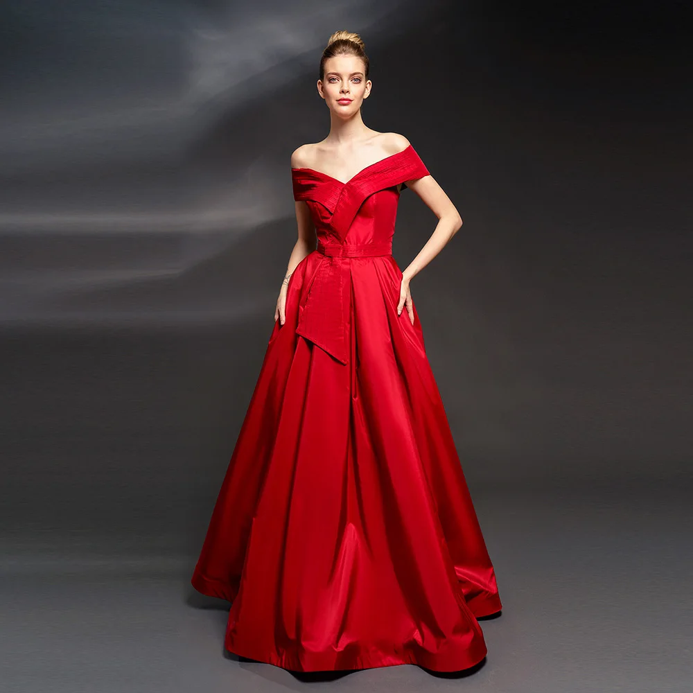 

Elegant Formal Wedding Party Gown For Woman Off Shoulder Satin A Line Floor Length Zipper Sweetheart Neck Custom Evening Dresses