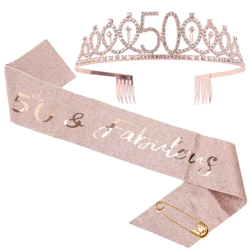 Girls Birthday Party Decoration 18 21 30 40 50 Rose Gold Satin Sash Crystal Crown Tiara Happy Birthday Anniversary Party Supply