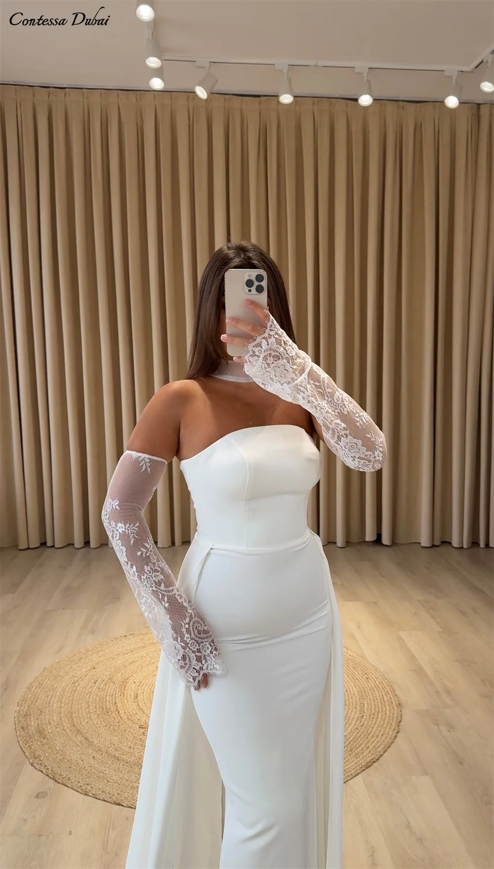 

Contessa Dubai Custom White Strapless Mermaid Prom Dress With Elegant Over skirt Vestidos de noche Lace sleeves Prom party dress