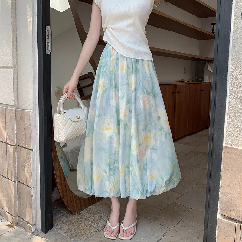 

2025 New Spring Summer Women Elastic High Waist Slim Long Skirt High Quality Sweet Floral Colorful Dots Print Bud Skirt