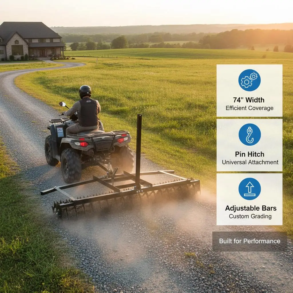 

Tow Behind Soil Leveler 74" Width For Gravel Driveway Garden Lawn Farm Yard, Q235 Steel Construction Adjustable Bars Pin Hitc