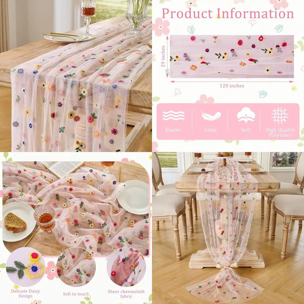 

Набор из 12 вышитых на столах скатертей-дорожек с ромашками, 10T тюль, сезонные цветочные узоры, идеально подходят для дней рождения, кухни, столовой, домашних вечеринок, розовые