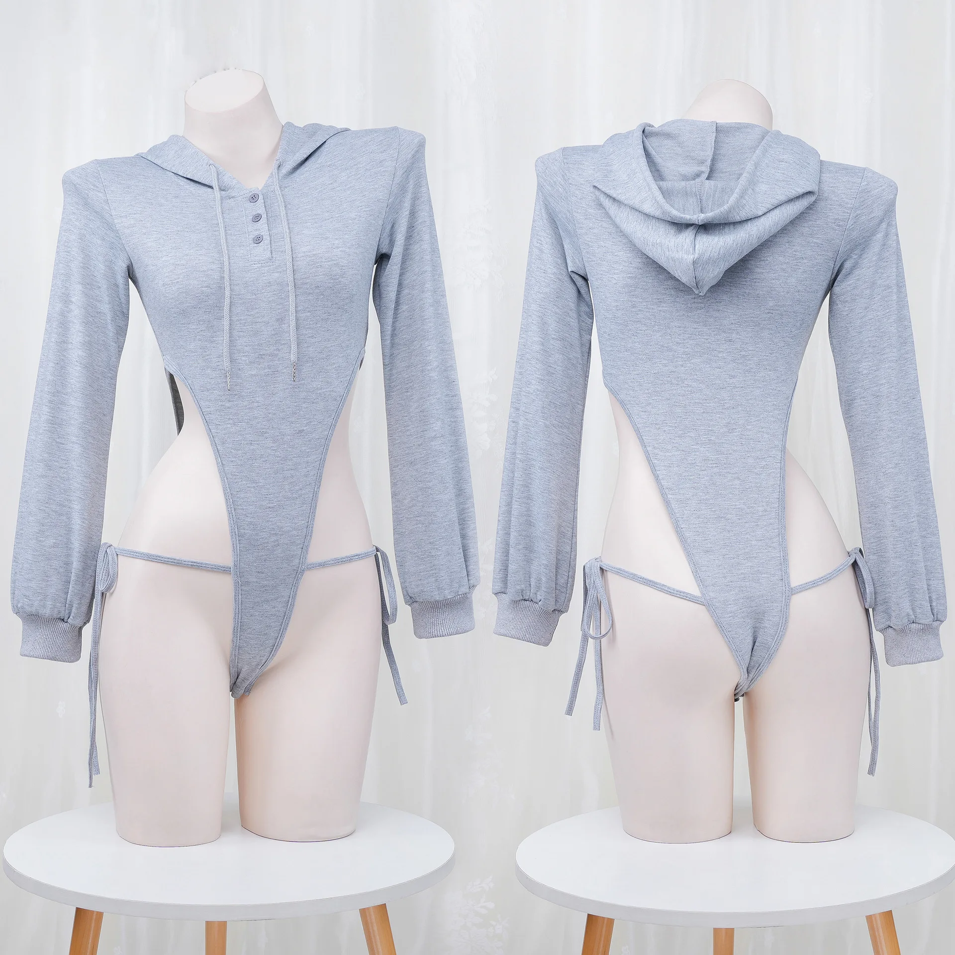 Lolita Anime Girls Solid Grey Long Sleeve Bandage Hoodie Hoodies Sexy Cosplay Halloween Women High Hooded Homewear Lingerie