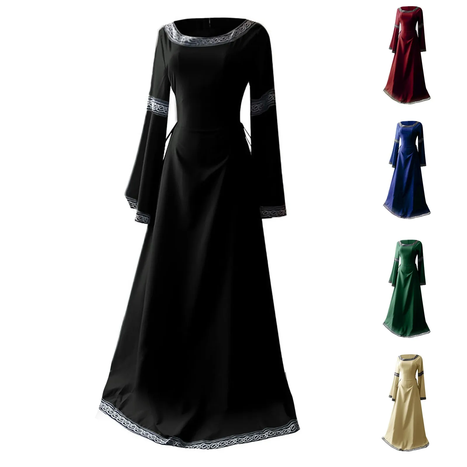 Women Maxi Dresses Classical Middle Ages Splicing Retro Gothic Court Cosplay Costumes Drawstring Waist Irregular Big Hem Dress