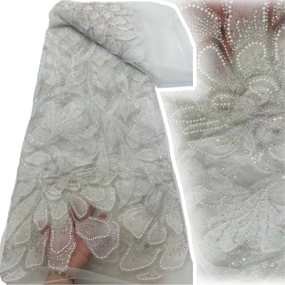 

2025 High Quality African Sequins Tulle Embroidered Groom Lace Fabric Beaded Sequins Lace Fabric for Nigerian Wedding 5Y CC1390