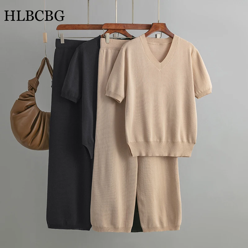 HLBCBG Summer Cool Knitted Women\'s Trousers Suit Two Piece Loose Short Sleeve Knitting Wide Leg Pants Sets Female Casual Suits