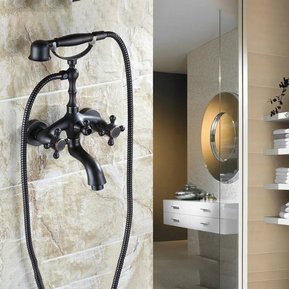 Bathroom Black Oil Rubbed Brass Wall Mounted Clawfoot Tub Faucet Mixer Water Tap Handshower Double Cross Handles atf701