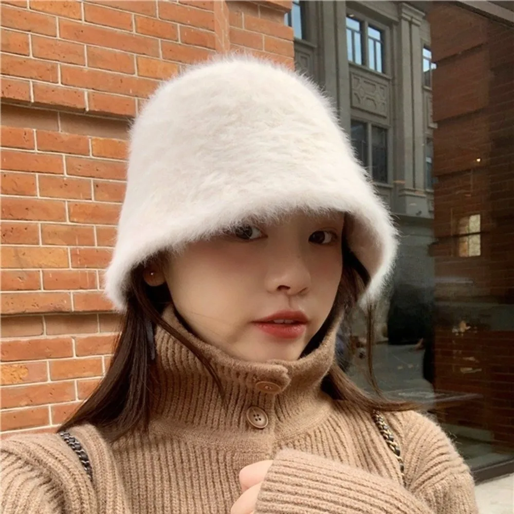 

Temperament Knitted Bucket Cap Furry Warm Winter Fisherman Hat Versatile Windproof Anti-cold Bucket Hat Daily