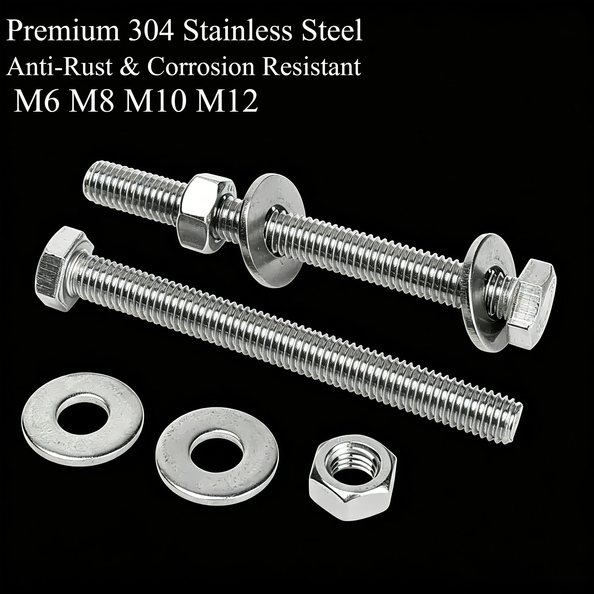 M6 M8 M10 M12 Anti-Rust Fasteners Duty 304 Stainless Steel Hexagon Bolts Nuts Washers Set for Marine Woodworking Construction