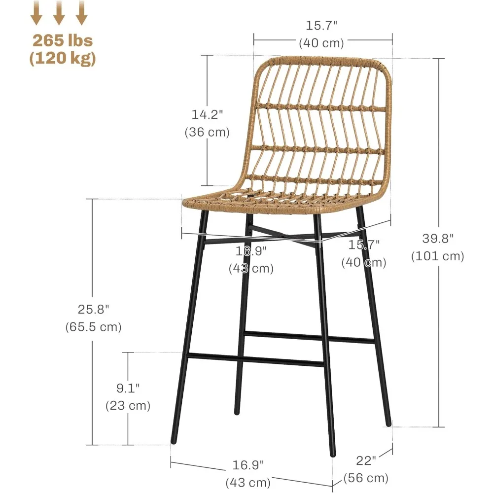 26" Wicker Barstools with Back, Modern Bar Chairs for Kitchen Island, Kitchen Counter