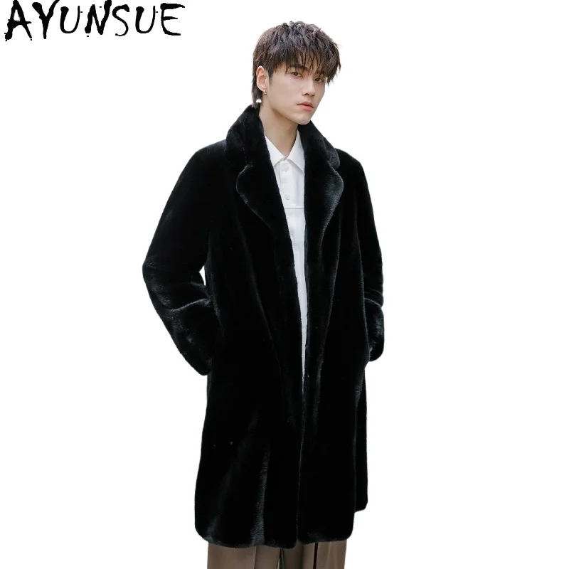 AYUNSUE Natural Fur Coat Man Real Mink Jackets Fashion Winter Mid-length Black Mink Fur Coats and Jackets High-end Mens Clothing