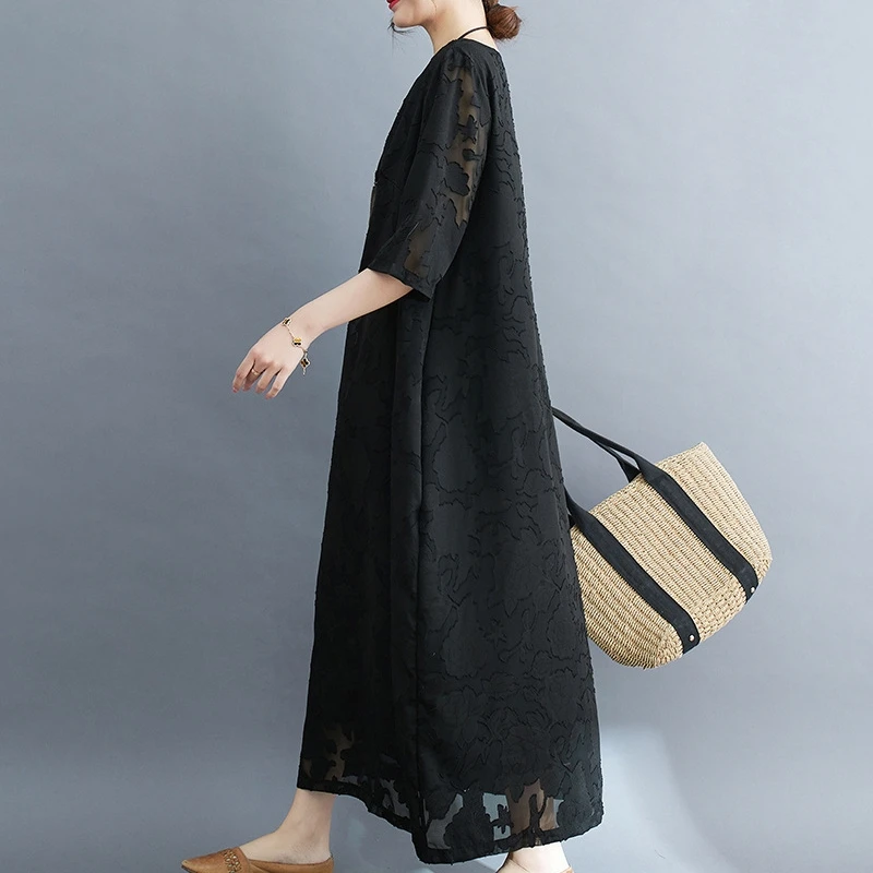 Short Sleeve Vintage O-Neck Lace Summer Dresses for Women 2025 New Casual Loose Long Ladies Solid Dress Elegant Female Clothing