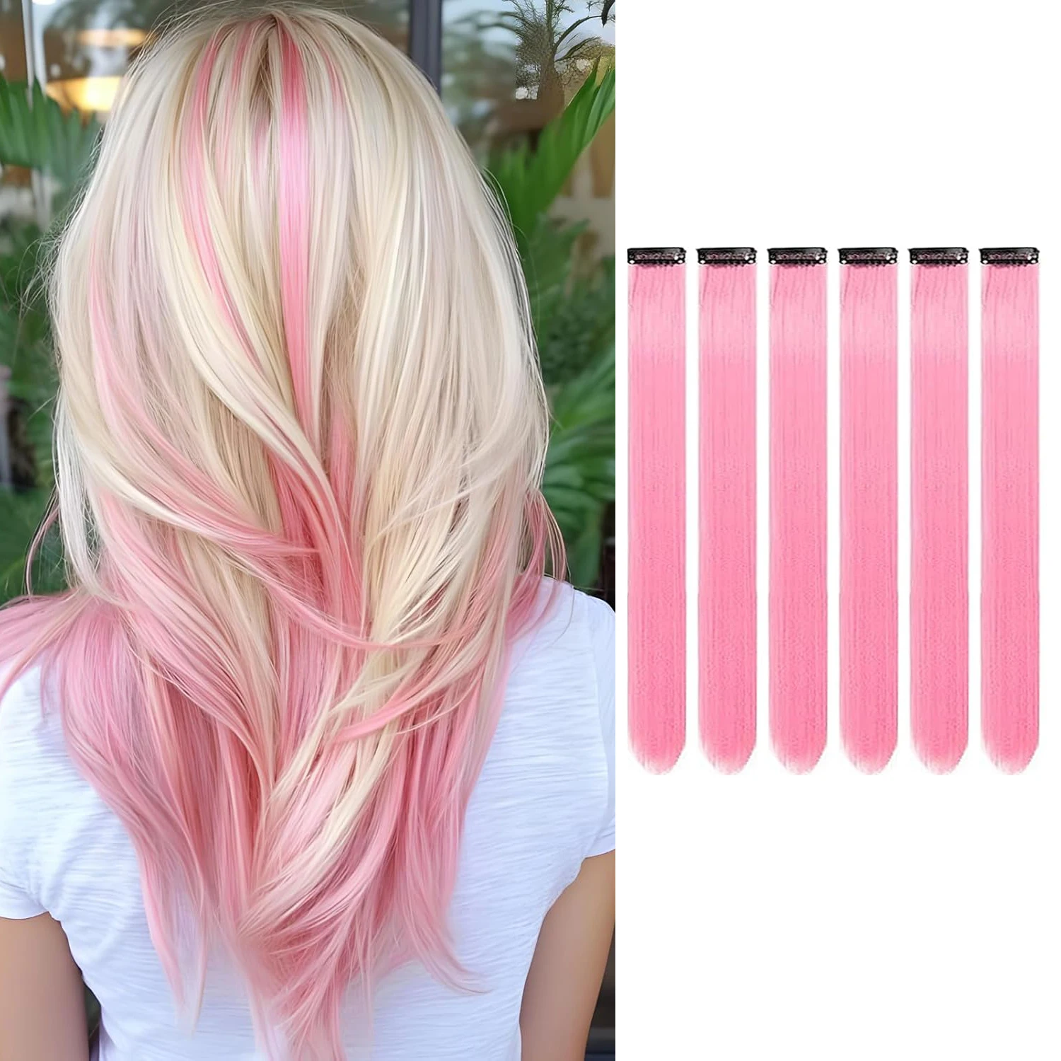 6 PCS Clip In Hair Extensions 22 Inch Long Straight Heat Resistant Synthetic Hair Highlights, Easy to Use Colorful Hairpieces