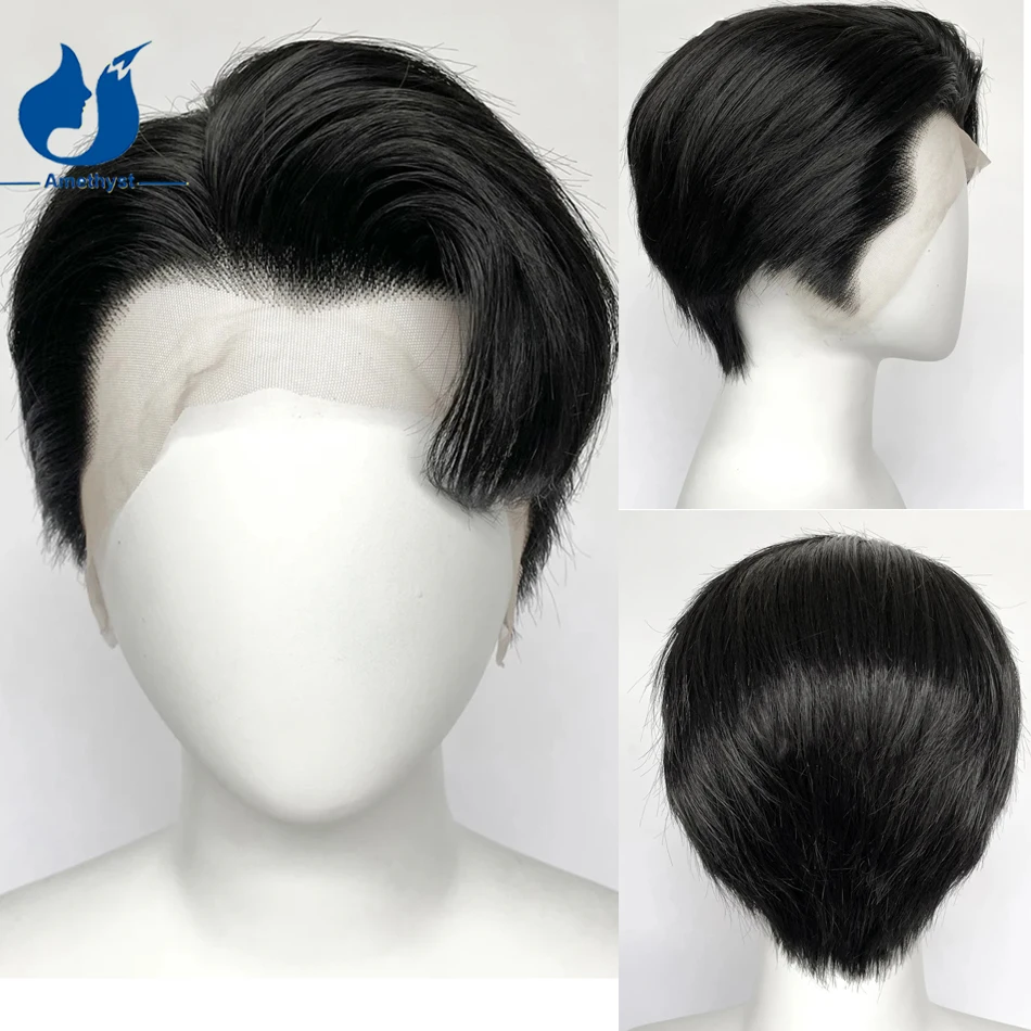 Amethyst Short Cut Pre Styled Men's Wig Side Part Layered with Sideburns Natural Black Short Bob Full Lace Replacement Wig Remy