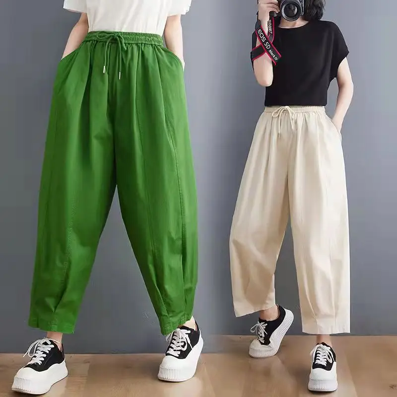 

Women Casual Pants Personality Casual Loose Thin Section Jogging Hippie Premium Cotton Pleated Drawstring Outdoor Cargo Trousers