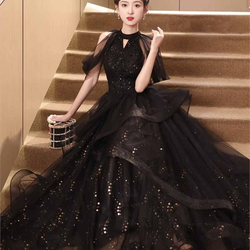 

Black Evening Dress Banquet Season New Elegant Host Dinner Suit Female Fairy Costume