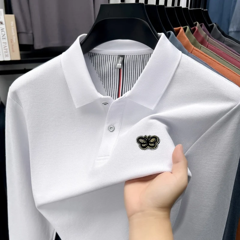 

100%cotton fashion brand men's long sleeve polo shirt butterfly embossed high-quality luxury business leisure autumn new T-shirt