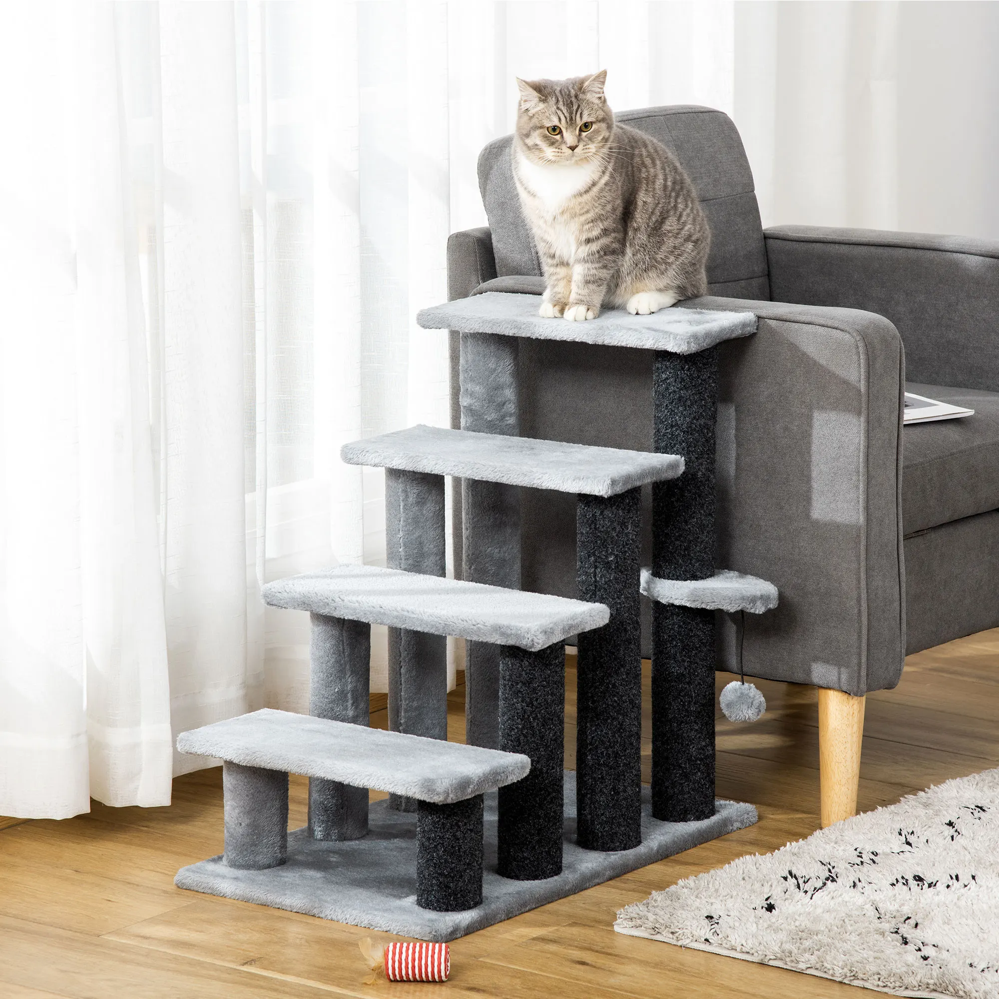 PawHut 4 level cat ladder with gray hanging ball