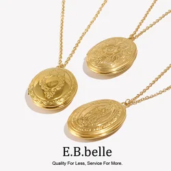 E.B.belle Oval Shape Flower Mirror Photo Box Pendant Necklace 18k Gold Plated Stainless Steel Jewelry Charm For Women Girl Gift