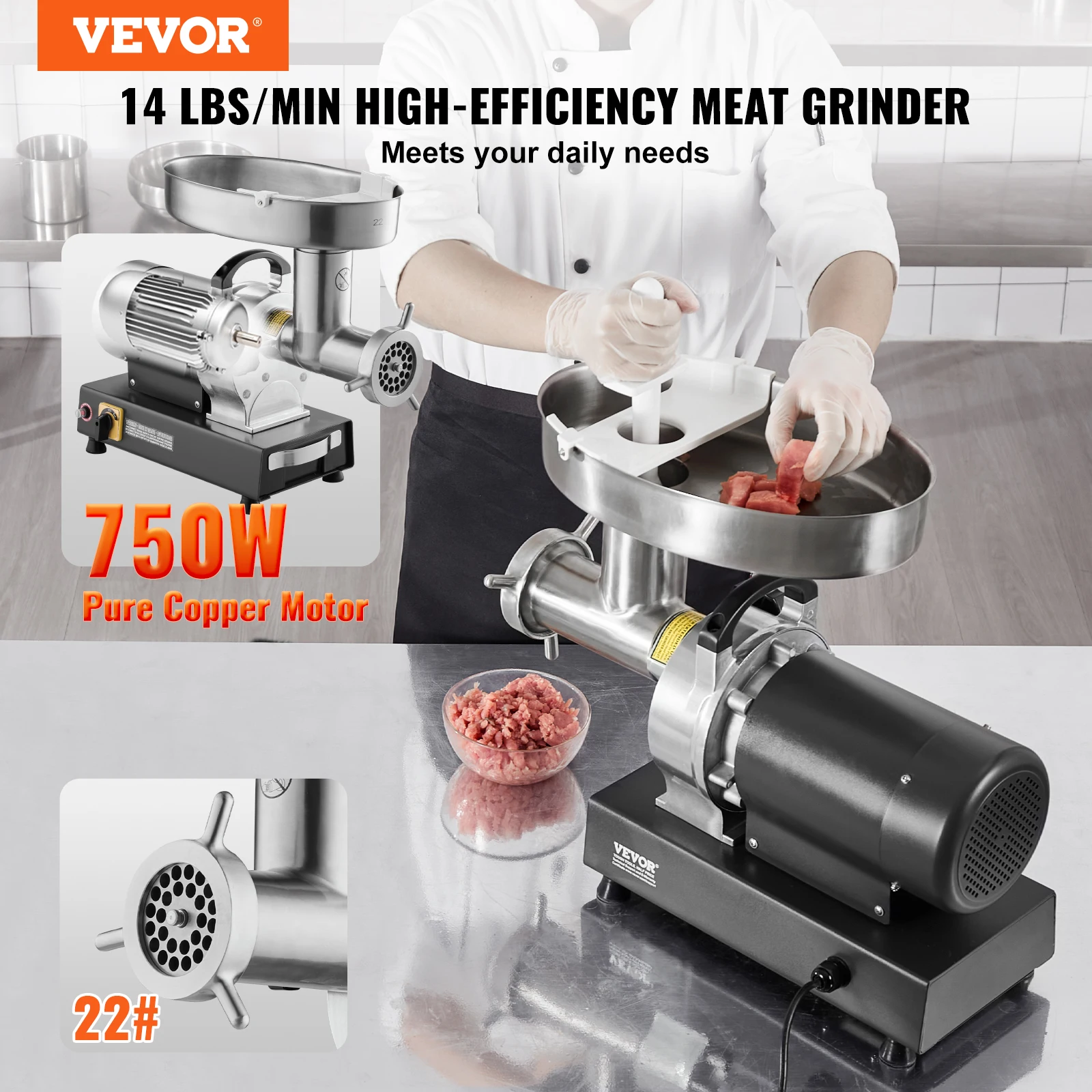 VEVOR Stainless Steel Commercial Meat Grinder, 14 Lbs/Min Capacity Electric Meat Grinders w/Blade, Grinding Plate, Sausage Maker