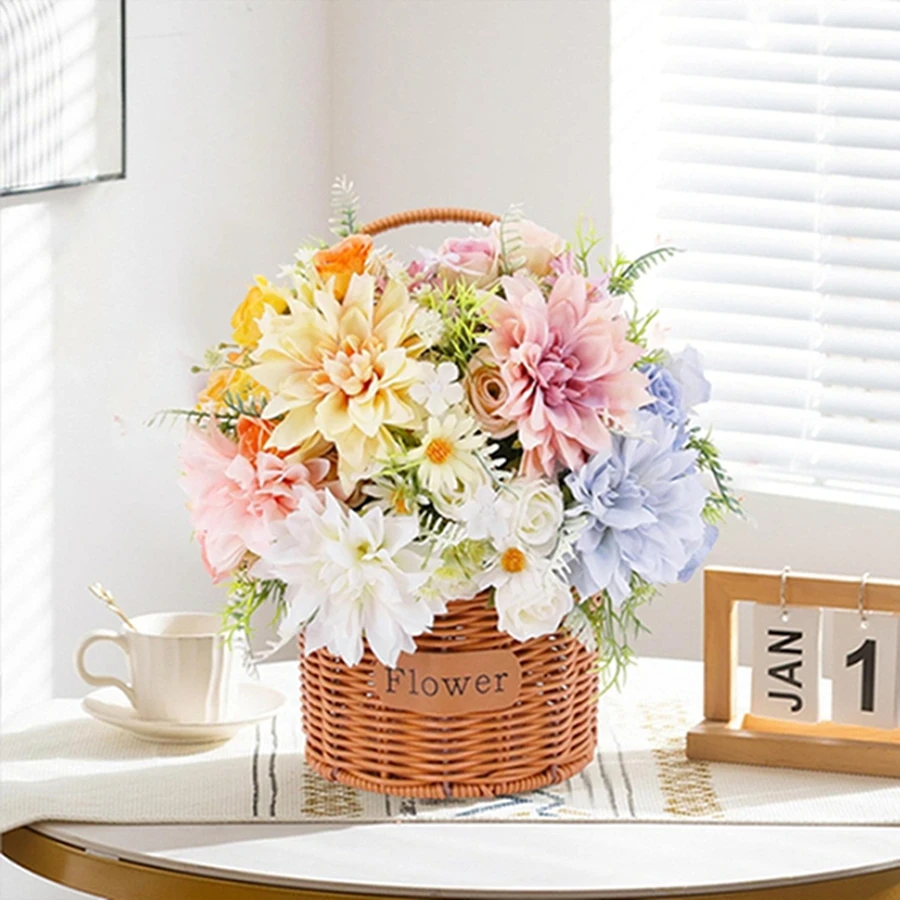 

5Pcs Artificial Rose Flowers Wedding Home Table Decor Bridal Bouquet Garden Fake Silk Dahlia Hydrangea DIY Colorful Vase Fillers