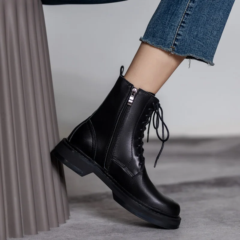 Women Genuine Leather Ankle Boots SmallHut Autumn Winter Black Lace Up Short Boots Punk Ladies Zipper Round Toe Platform Shoes