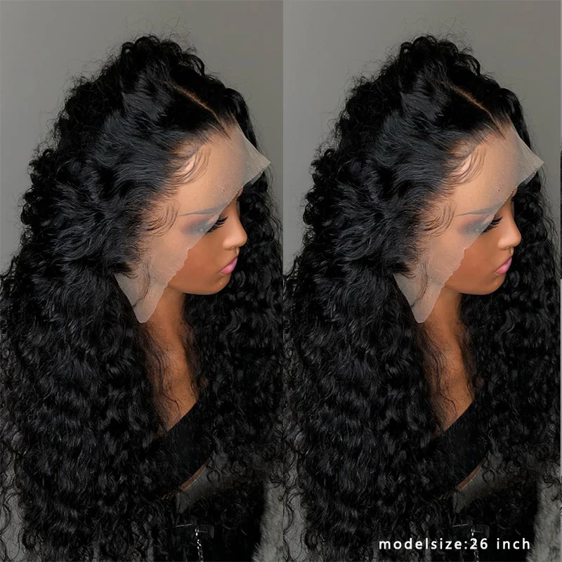 Peluca rizada con malla frontal para mujer, pelo de bebé, 26 "de largo, 180de densidad, Color negro Natural, suave, sin pegamento, predesplumada, Cosplay diario