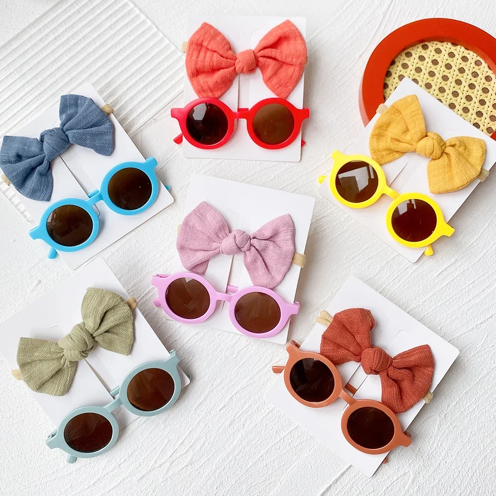 Vintage Round Sunglasses for Kids, Baby Bows Headband, Crianças Sun Glasses, Óculos de proteção, Acessórios para cabelo, Verão, 2pcs por pacote