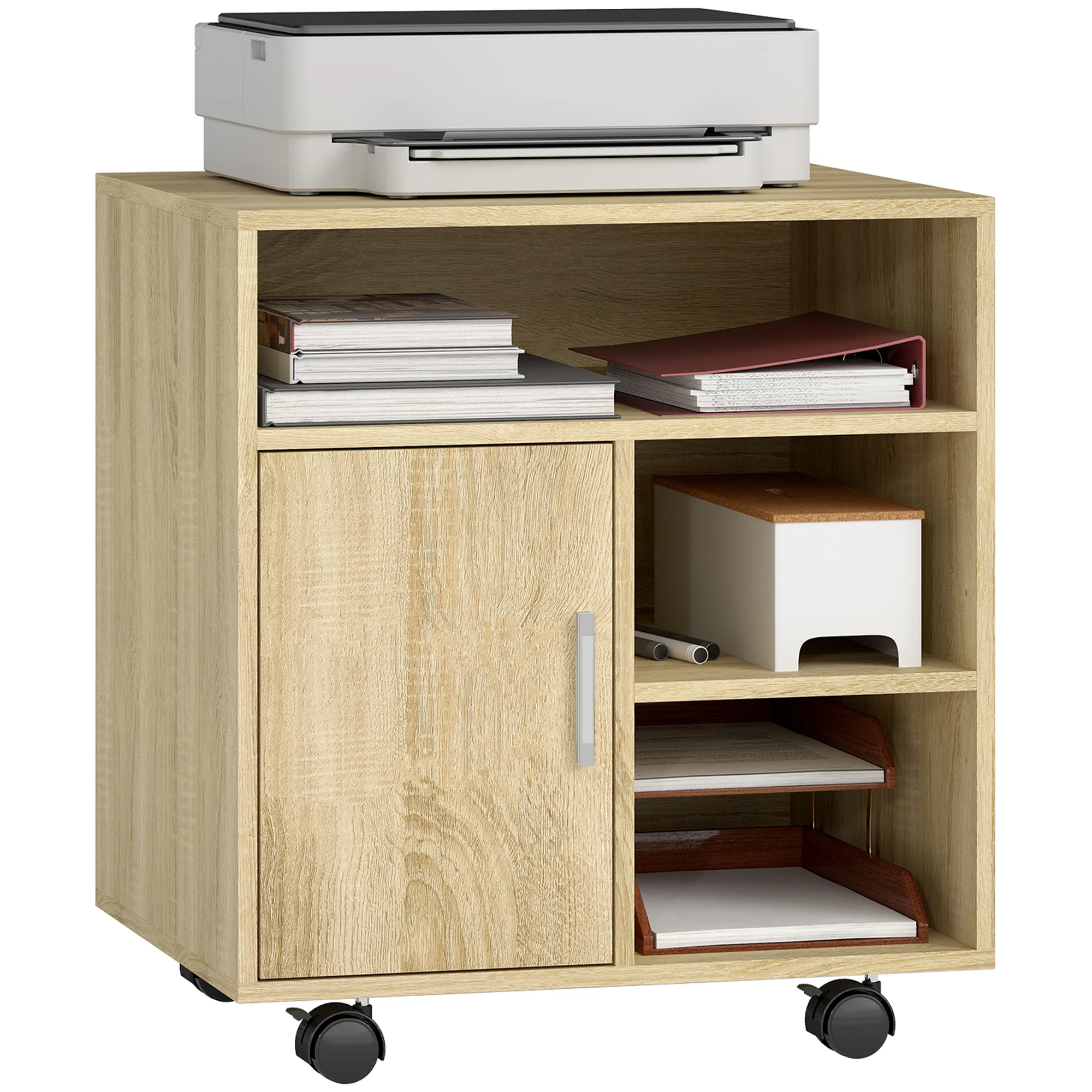 Homcom Mobile per stampante con ruote, supporto per stampante con scomparti aperti e anta, per ufficio, casa, studio, 60X50X65,5 cm, naturale