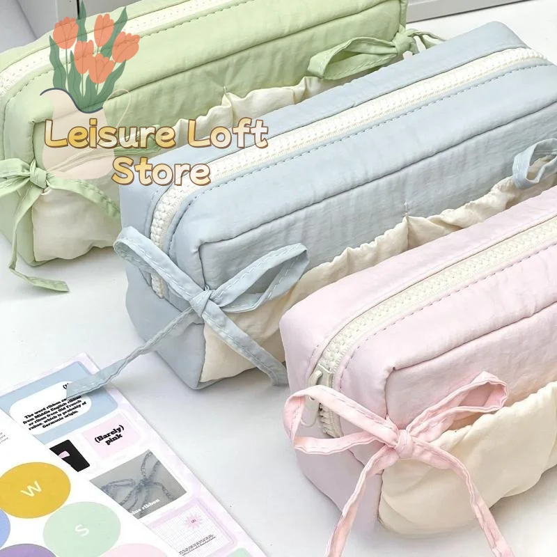 Ruffled Bow Pencil Case Premium Canvas Large Capacity Zipper Closure Stationery Holder for College Students Office Workers