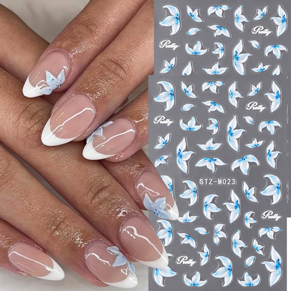2pcs Hibiscus Flower Nail Art Stickers Blue & White Flowers Charm of Spring Summer Self-Adhesive DIY Decals Manicure Decoration