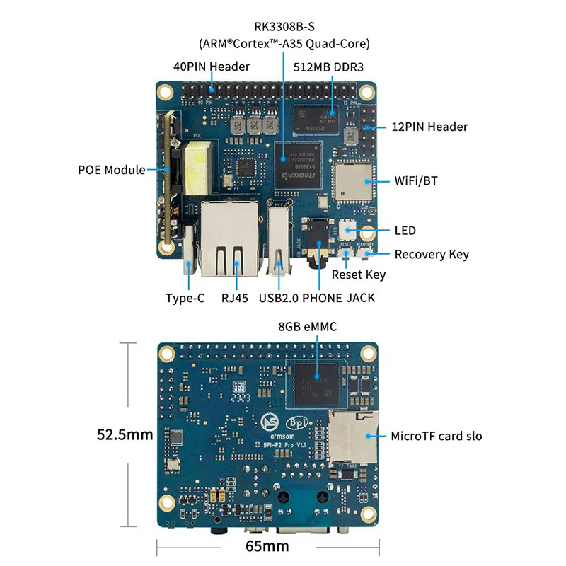 Banana Pi BPI-P2 Pro IoT board with Rockchip RK3308 design ,with 512M RAM and 8G eMMC,support PoE