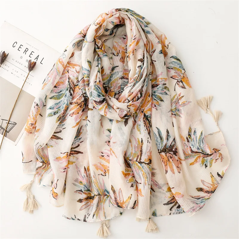 New autumn luxury scarf women designers long plant leaves printed turban woman muslim hijab ladies scarf winter accessories