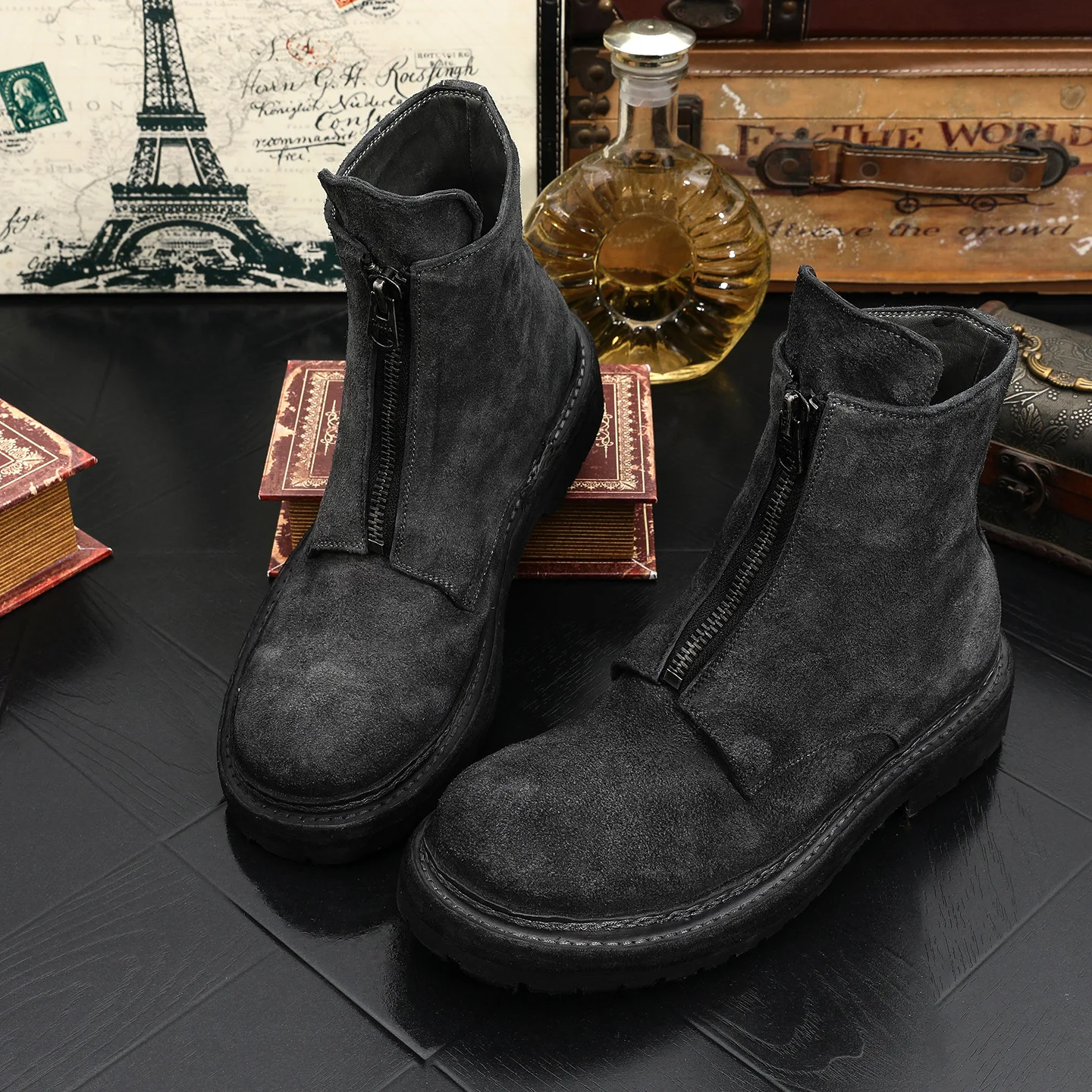 CLAIAMI New Genuine Leather Washed Retro High-top Horsehide Ankle Boots for Men Ventage Tooling Outdoor Boots Zipper Men Shoes