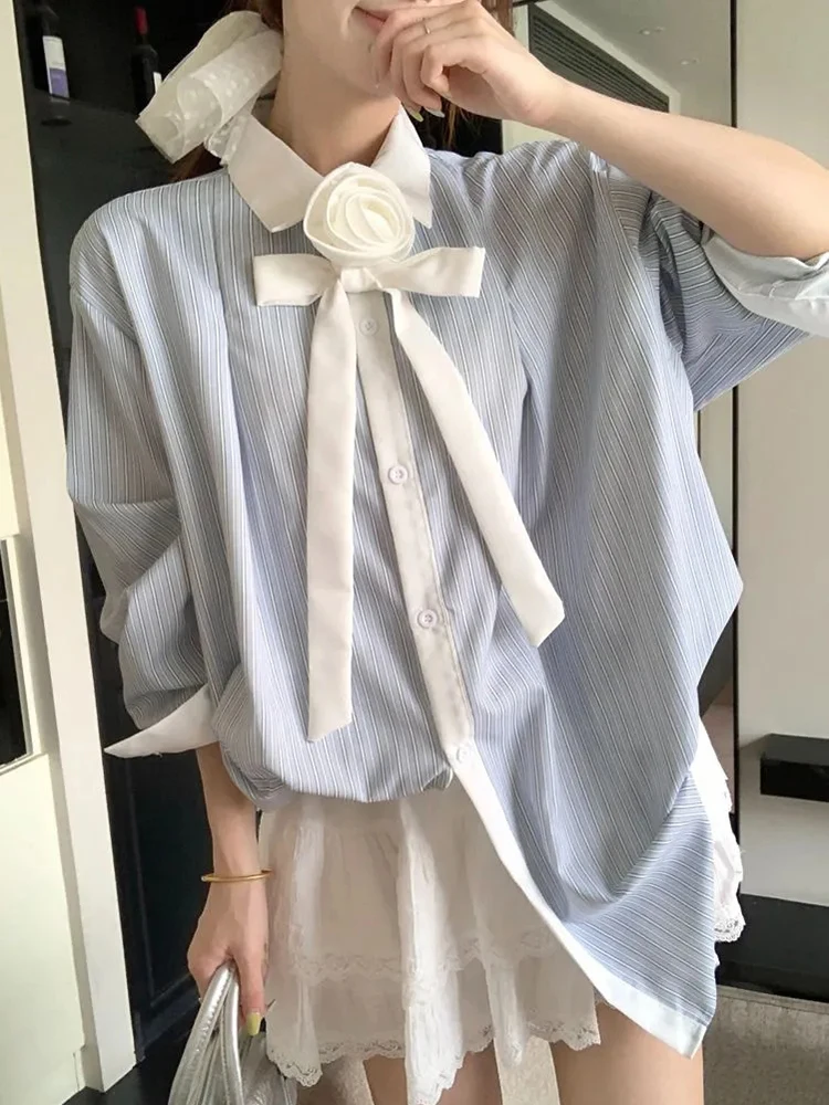 

3d Floral Striped Shirt Women Loose Long Sleeve Sweet Lace Up Blouse Elegant Fashion Korean Casual Female New Spring Tops