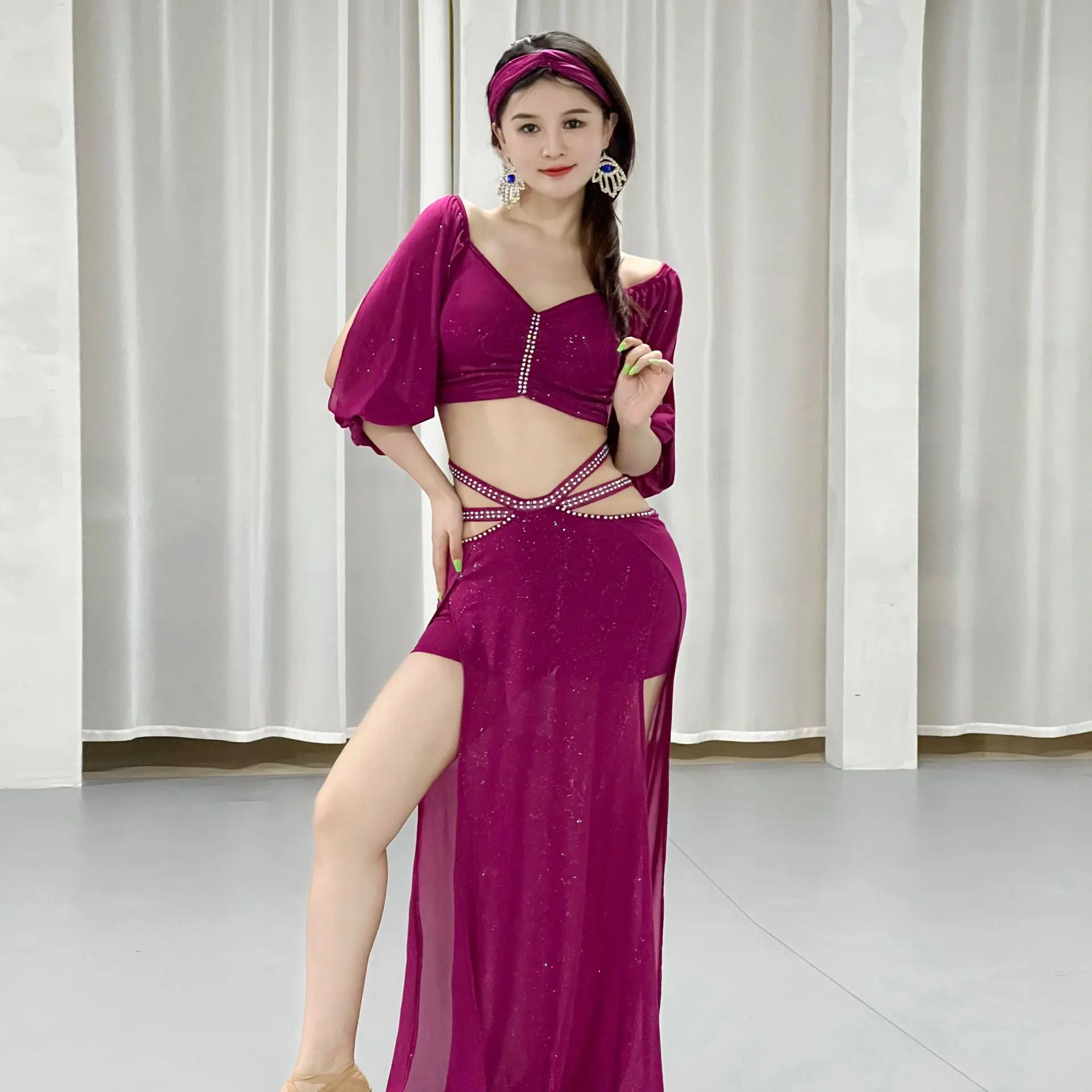 

Women's Costume Fantasia Bellydance Outfit Sexy Gauze Long Sleeve Top Print Side Slit Skirt Professional Dancewear Oriental New